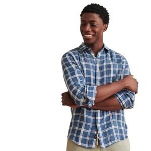 Faherty Men’s Linen Laguna Shirt Button Down Collared Jetty Plaid Blue Medium M